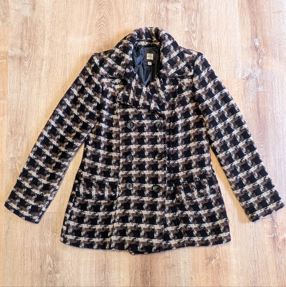 Vintage Old Navy Italian Wool Blend Houndstooth Black & Brown Peacoat Medium
